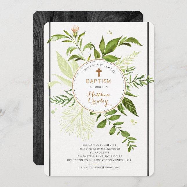 Greenery Gold Circle Baptism Invitation (Front/Back)
