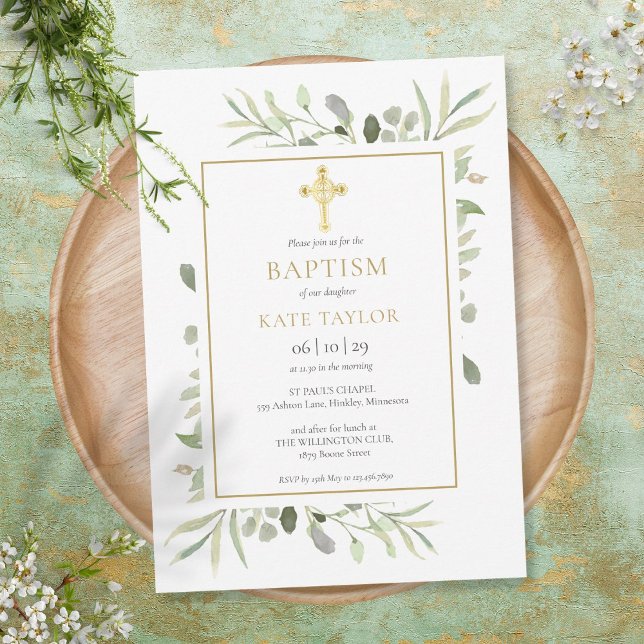 Greenery Gold Cross Baptism Christening Invitation (Creator Uploaded)