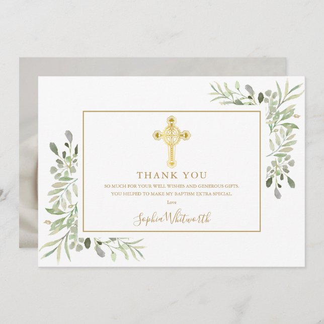 Greenery Gold Cross Baptism Christening Photo Thank You Card (Front/Back)