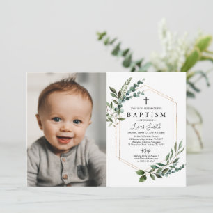 Greenery Gold Cross Baptism Invitation Christening