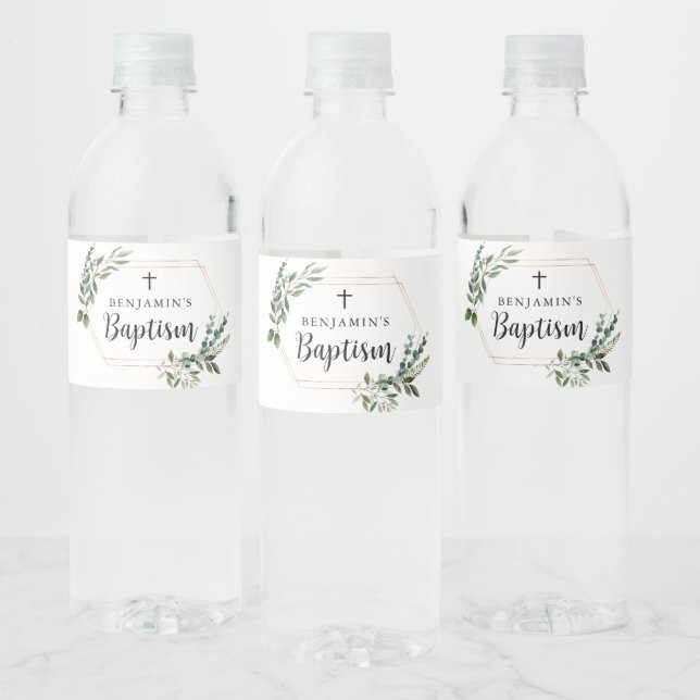 Greenery Gold Cross Baptism Water Bottle Label (Bottles)