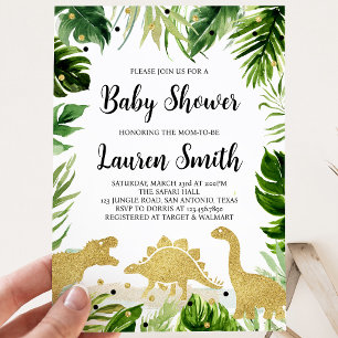 Greenery Gold Dinosaur Baby Shower Invitation