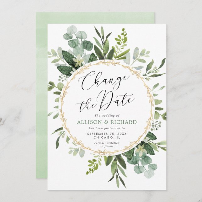Greenery gold elegant modern Change the date Invitation (Front/Back)