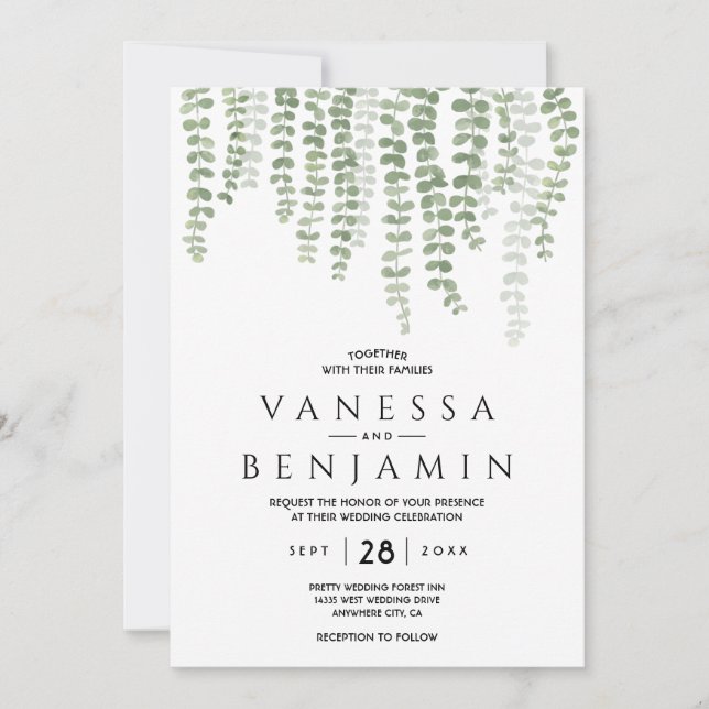 Greenery Gold Elegant Watercolor Boho Leaf Invitation (Front)