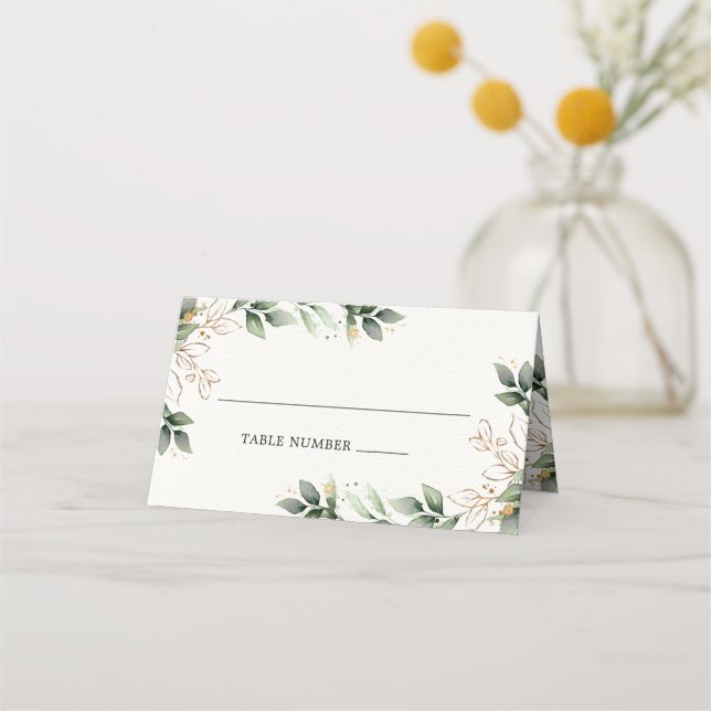 Greenery Gold Elegant Watercolor Boho Leaf Wedding Place Card (Front)