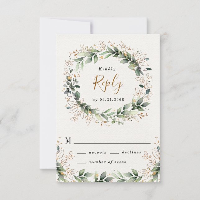 Greenery Gold Elegant Watercolor Boho Leaf Wedding RSVP Card (Front)