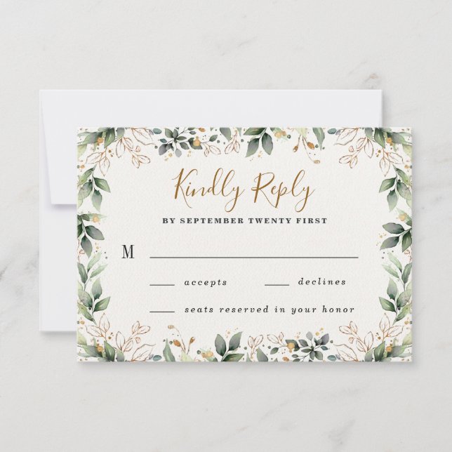 Greenery Gold Elegant Watercolor Boho Leaf Wedding RSVP Card (Front)