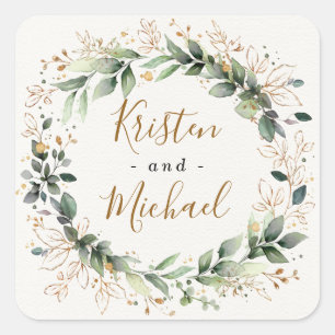 Greenery Gold Elegant Watercolor Boho Leaf Wedding Square Sticker