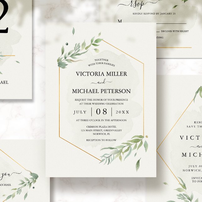 Greenery Gold Elegant Watercolor Foliage Wedding Invitation (Creator Uploaded)