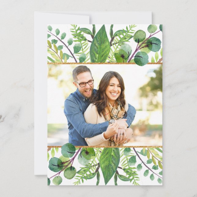 Greenery & Gold Elegant Wedding Photo Save The Date (Front)