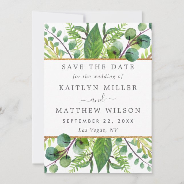 Greenery & Gold Elegant Wedding Save The Date (Front)