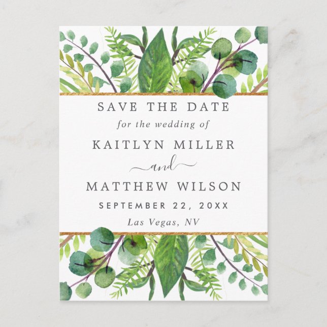 Greenery & Gold Elegant Wedding Save The Date Announcement Postcard (Front)
