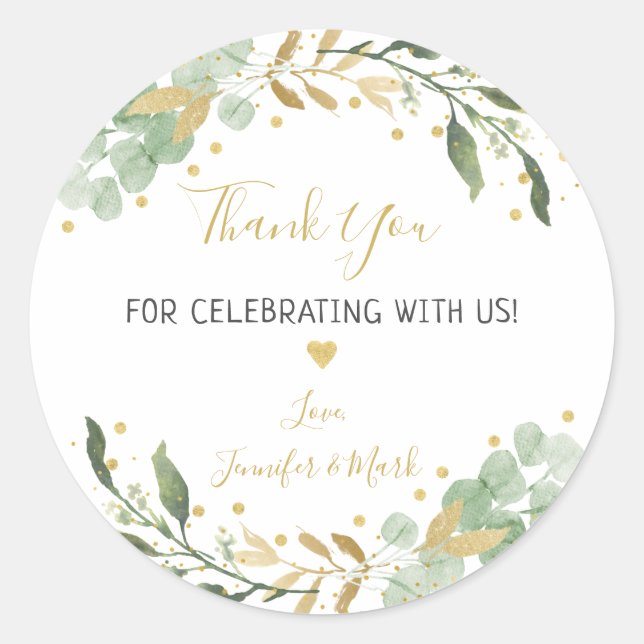 Greenery Gold Eucalyptus Baby Shower Thank You Classic Round Sticker (Front)