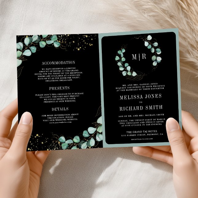 Greenery Gold Eucalyptus Black QR Code Wedding Invitation (Creator Uploaded)