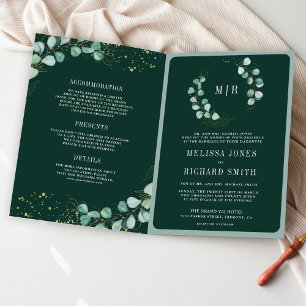 Greenery Gold Eucalyptus Emerald QR Code Wedding Invitation