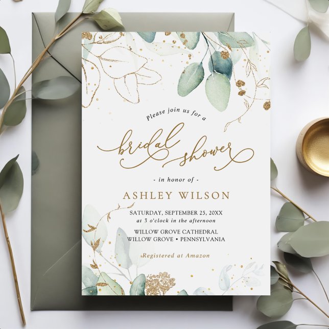 Greenery Gold Eucalyptus Rustic Bridal Shower Invitation (Creator Uploaded)