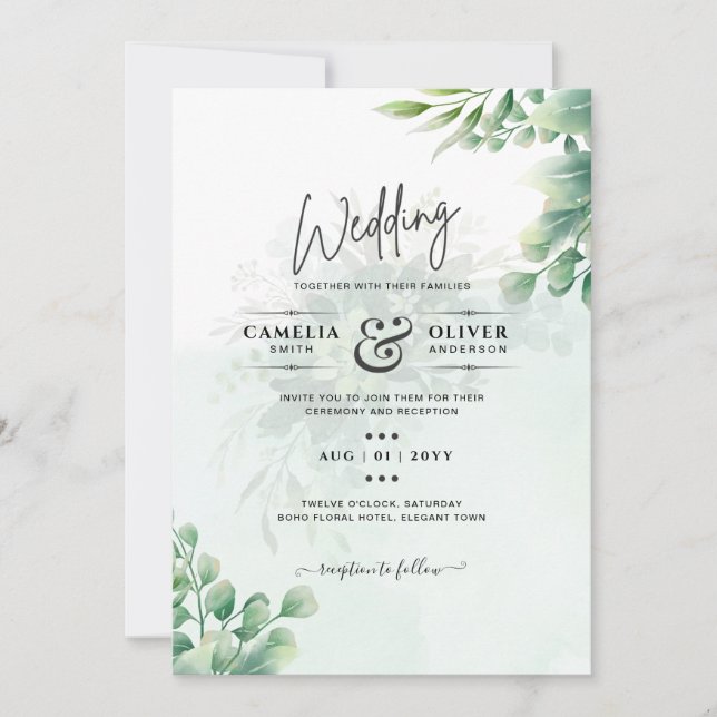 Greenery Gold Eucalyptus WEDDING QR CODE Modern Invitation (Front)
