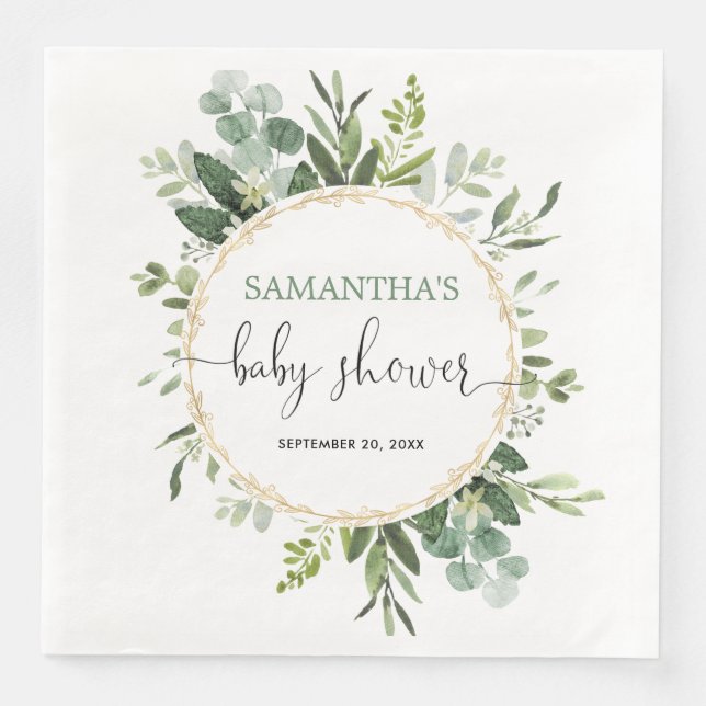 Greenery gold eucalyptus wreath baby shower napkin (Front)