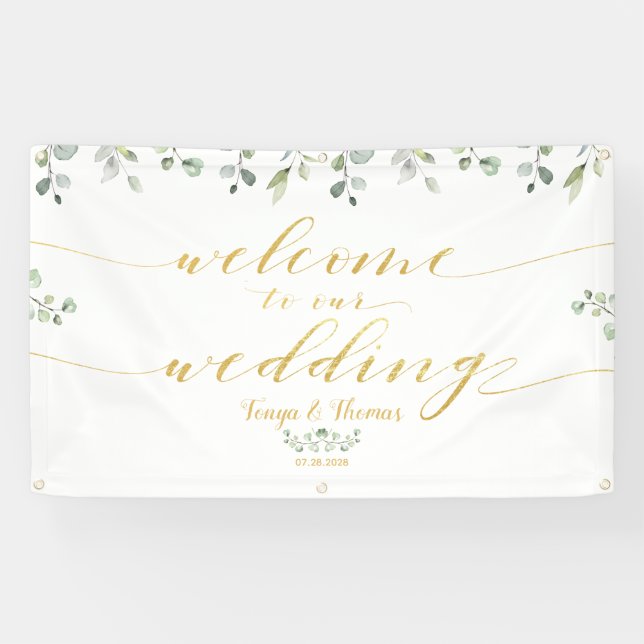 Greenery & Gold Fancy Font Calligraphy Welcome Banner (Horizontal)
