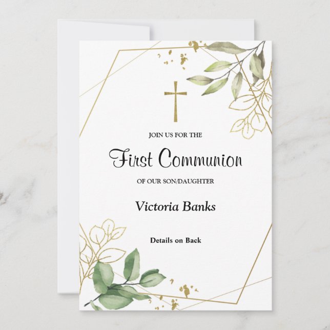 Greenery Gold First Communion Invitation (Front)