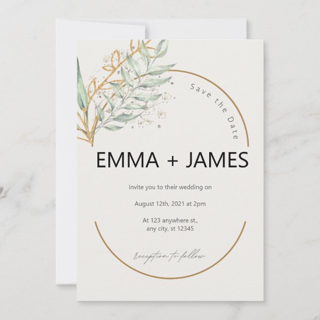 Greenery Gold Floral Botanical Elegant Wedding Invitation (Front)