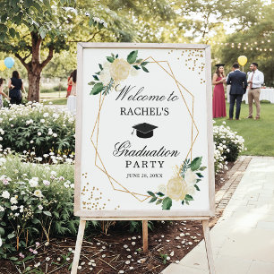Greenery Gold Floral Graduation Party Welcome Poster