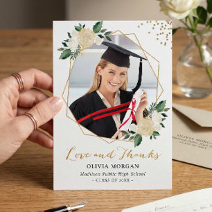 Greenery Gold Floral Graduation Photo Thank You Invitation