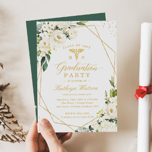Greenery Gold Floral Medical Logo Graduation Invitation