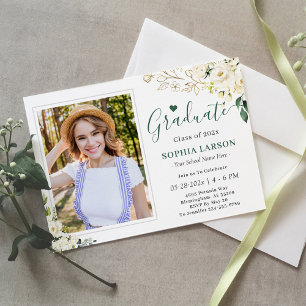 Greenery Gold Floral Photo Graduation Celebration Invitation