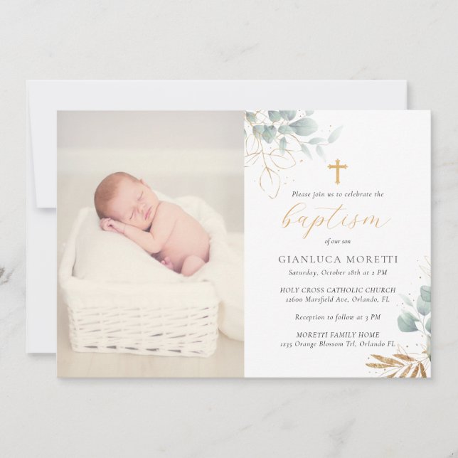 Greenery Gold Foil Baptism Invitation with Photo (Front)
