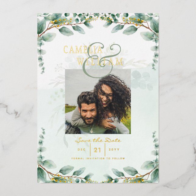 Greenery Gold Foil PHOTO QR CODE Wedding Save Date (Front)