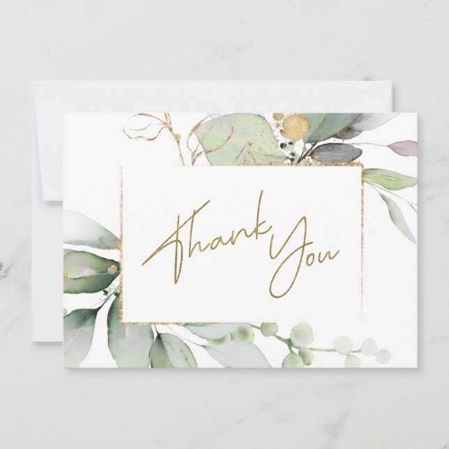 Greenery Gold Foliage Eucalyptus Thank You Note (Front)