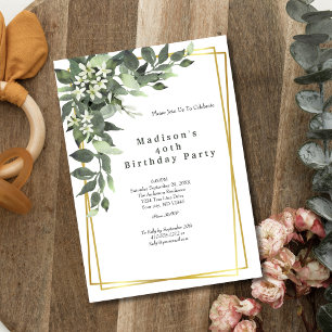 Greenery Gold Frame Floral Birthday Invitation