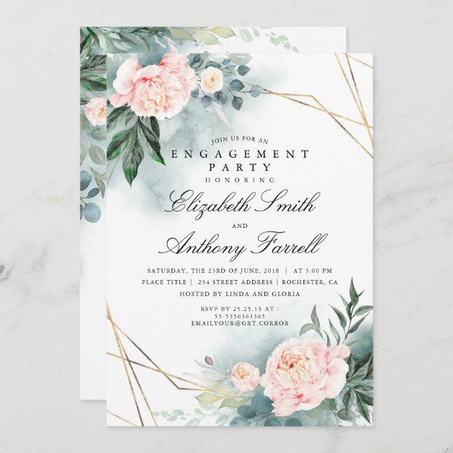 Greenery Gold Frame Pink Floral Engagement Party Invitation (Front/Back)