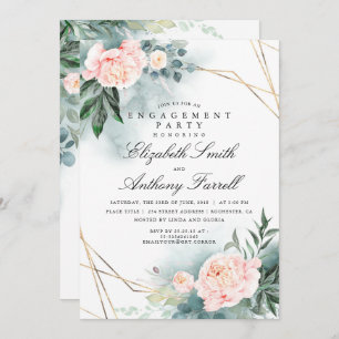 Greenery Gold Frame Pink Floral Engagement Party Invitation