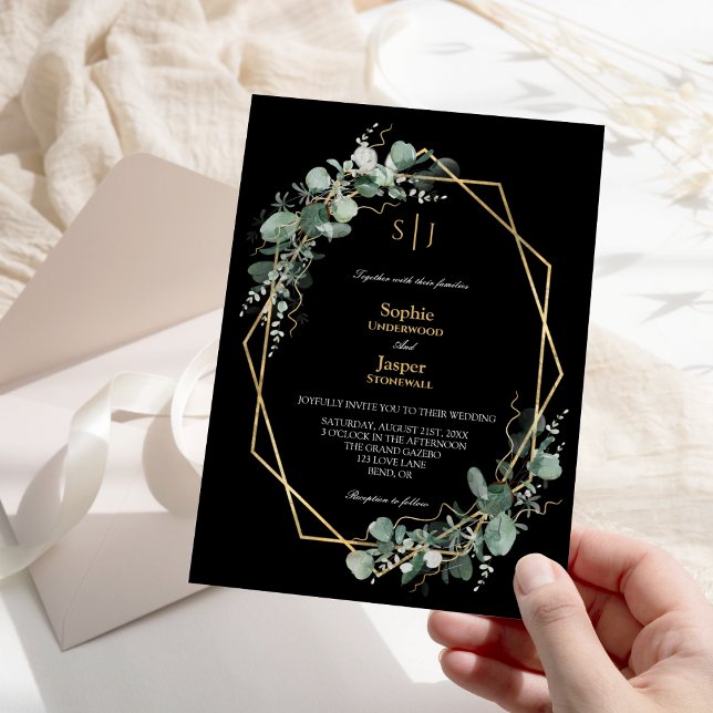 Greenery Gold Frame Simple Black Monogram Wedding Invitation (Creator Uploaded)