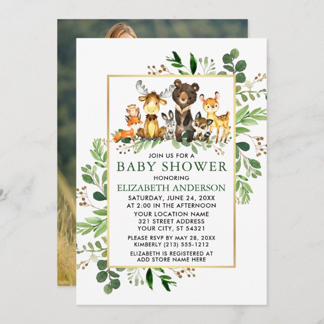 Greenery Gold Frame Woodland Animals Shower Photo Invitation (Front/Back)