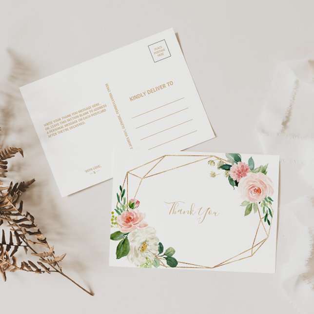 Greenery & Gold Geometric Elegant Floral Thank You Postcard (Creator Uploaded)