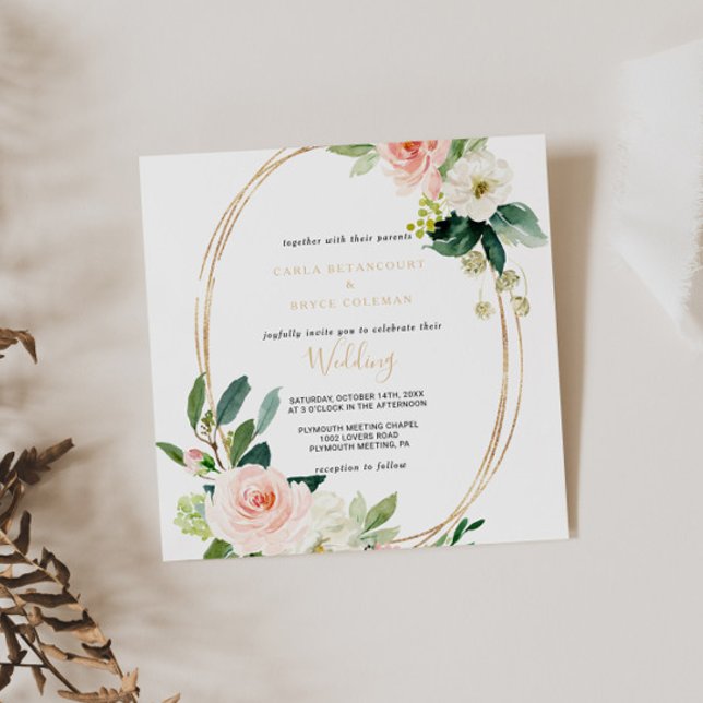 Greenery & Gold Geometric Elegant Floral Wedding Invitation (Creator Uploaded)