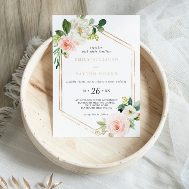 Greenery & Gold Geometric Elegant Floral Wedding Invitation (Creator Uploaded)