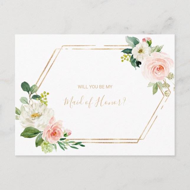 Greenery & Gold Geometric Elegant Maid of Honour Invitation Postcard (Front)