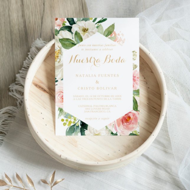 Greenery & Gold Geometric Elegant  Spanish Wedding Invitation (Creator Uploaded)