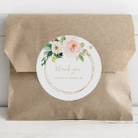 Greenery & Gold Geometric Elegant Thank You Favour Classic Round Sticker<br><div class="desc">These greenery & gold geometric elegant thank you favour classic round sticker are perfect for a rustic wedding. The design features lovely white, pink, and blush hand-painted roses and a touch of greenery, adorning gold geometric frames, inspiring artistic beauty. Make the sticker labels your own by including your names, the...</div>