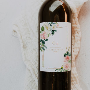 Greenery & Gold Geometric Elegant Wedding Wine Label