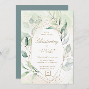 Greenery Gold Geometric Eucalyptus Christening Invitation