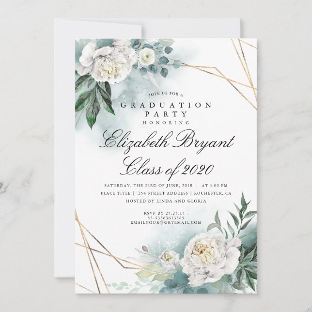 Greenery Gold Geometric Floral Graduation Party Invitation (Front)