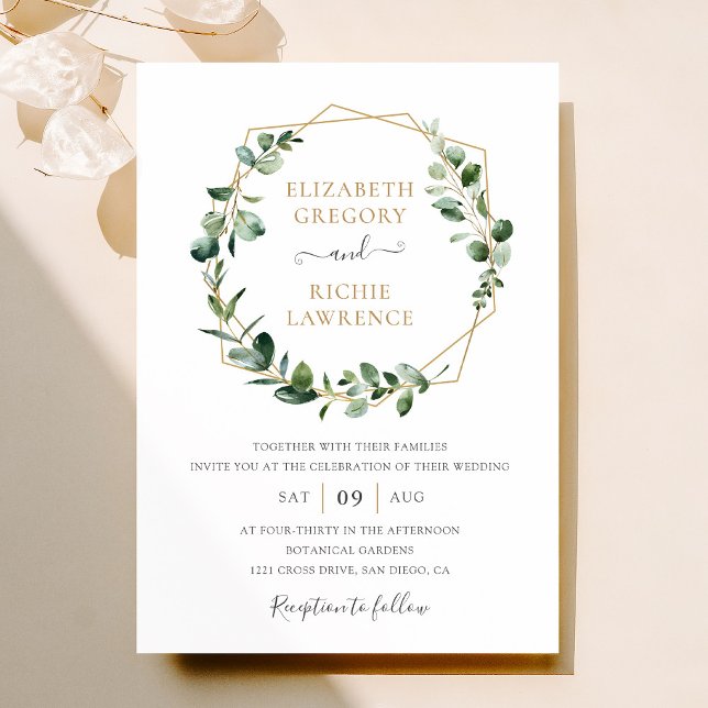 Greenery Gold Geometric Frame Elegant Wedding Invitation (Creator Uploaded)