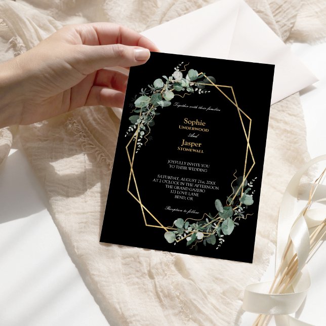 Greenery Gold Geometric Frame Simple Black Wedding Invitation (Creator Uploaded)