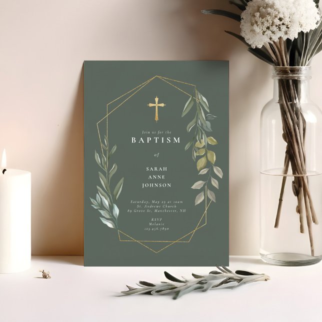 Greenery & Gold Geometric Terrarium Baby Baptism Invitation (Greenery & Gold Geometric Terrarium Baby Baptism Invitation)