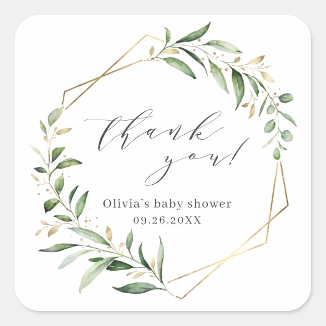 Greenery Gold Geometric Thank You Rustic Baby Show Square Sticker (Front)